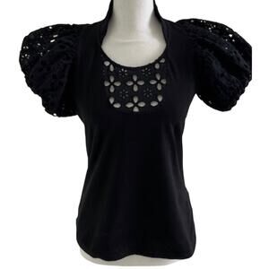 Vintage Anne Fontaine Black Lace Cutout Puff Sleeve Top Parisian Chic Minimalist